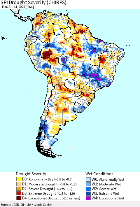 South America SPI Drought Severity (CHIRPS) Thematic Map For 3/21/2024 - 3/31/2024