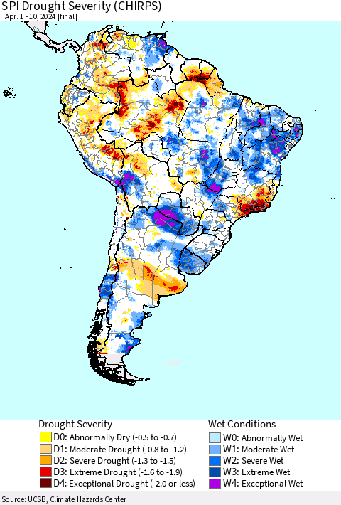 South America SPI Drought Severity (CHIRPS) Thematic Map For 4/1/2024 - 4/10/2024