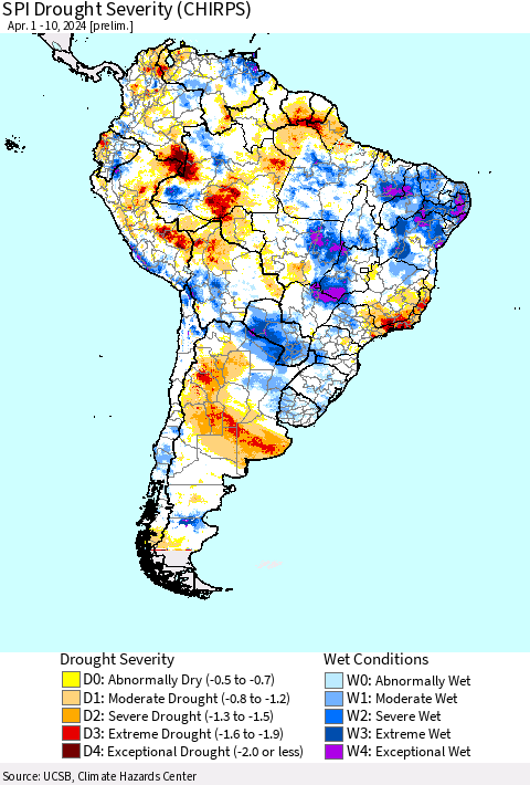 South America SPI Drought Severity (CHIRPS) Thematic Map For 4/1/2024 - 4/10/2024