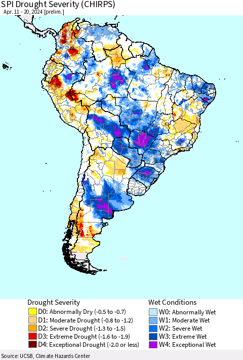 South America SPI Drought Severity (CHIRPS) Thematic Map For 4/11/2024 - 4/20/2024