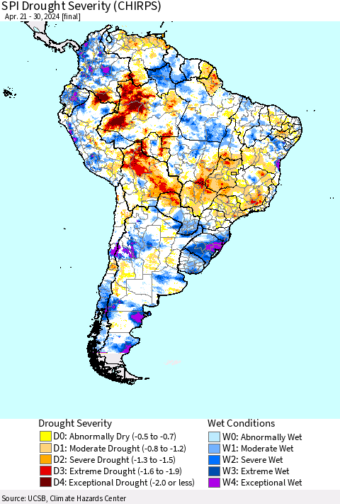 South America SPI Drought Severity (CHIRPS) Thematic Map For 4/21/2024 - 4/30/2024