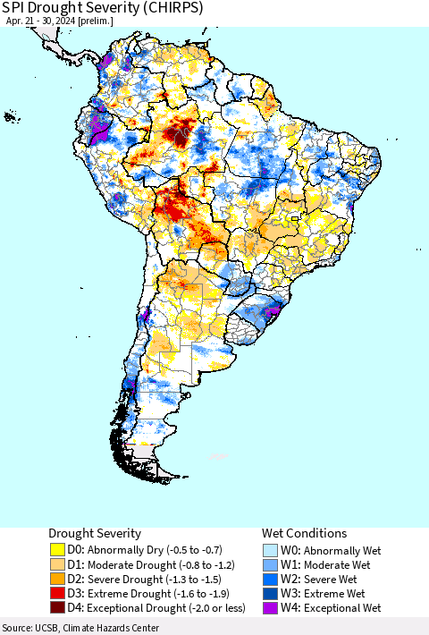 South America SPI Drought Severity (CHIRPS) Thematic Map For 4/21/2024 - 4/30/2024