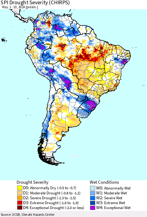 South America SPI Drought Severity (CHIRPS) Thematic Map For 5/1/2024 - 5/10/2024