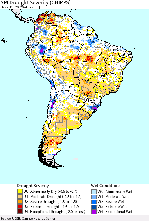 South America SPI Drought Severity (CHIRPS) Thematic Map For 5/11/2024 - 5/20/2024