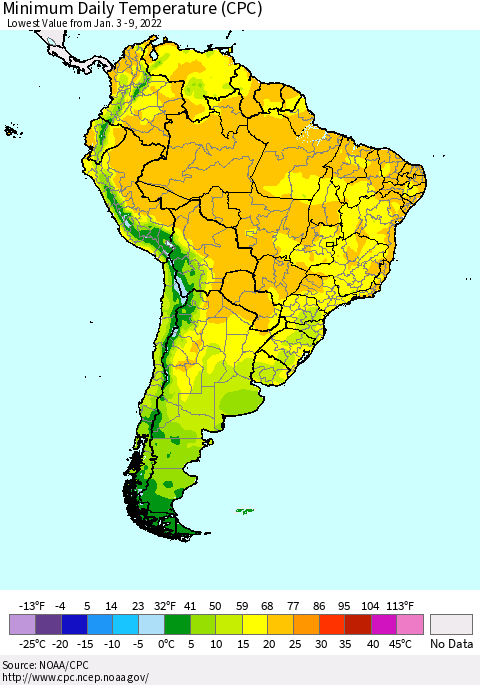 South America Minimum Daily Temperature (CPC) Thematic Map For 1/3/2022 - 1/9/2022