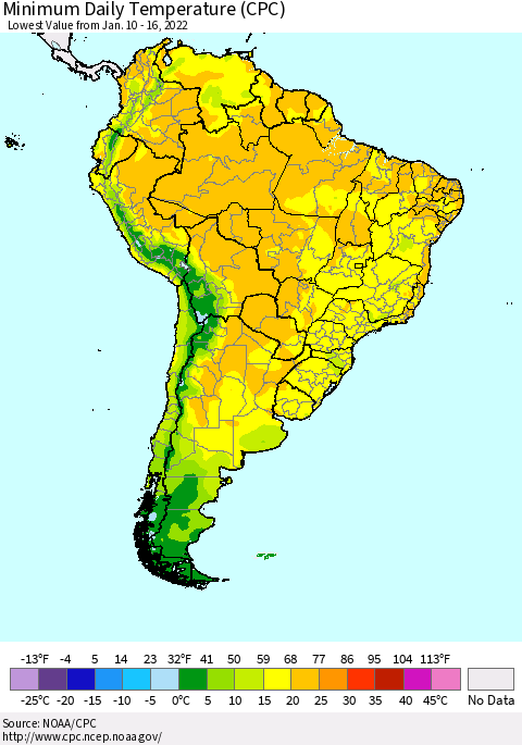 South America Minimum Daily Temperature (CPC) Thematic Map For 1/10/2022 - 1/16/2022