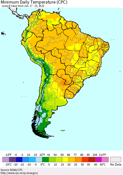 South America Minimum Daily Temperature (CPC) Thematic Map For 1/17/2022 - 1/23/2022