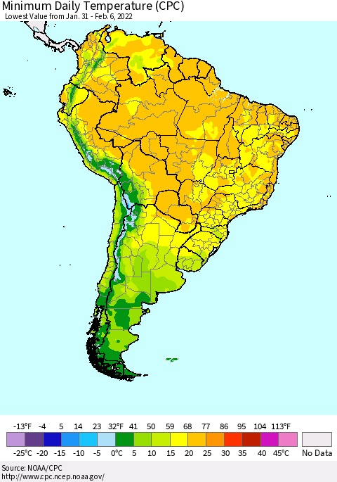 South America Minimum Daily Temperature (CPC) Thematic Map For 1/31/2022 - 2/6/2022