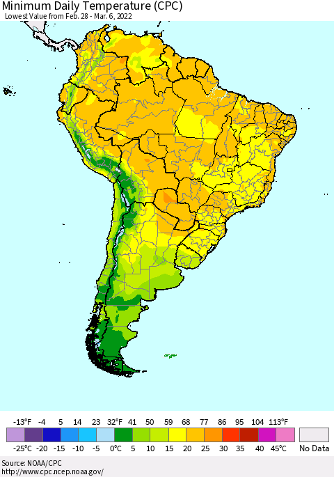 South America Minimum Daily Temperature (CPC) Thematic Map For 2/28/2022 - 3/6/2022