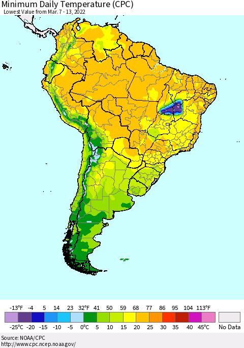 South America Minimum Daily Temperature (CPC) Thematic Map For 3/7/2022 - 3/13/2022