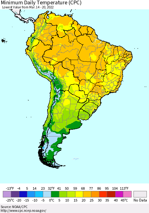 South America Minimum Daily Temperature (CPC) Thematic Map For 3/14/2022 - 3/20/2022