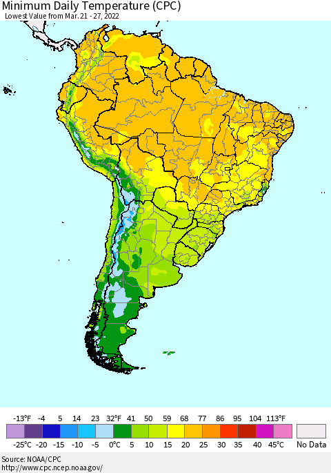 South America Minimum Daily Temperature (CPC) Thematic Map For 3/21/2022 - 3/27/2022