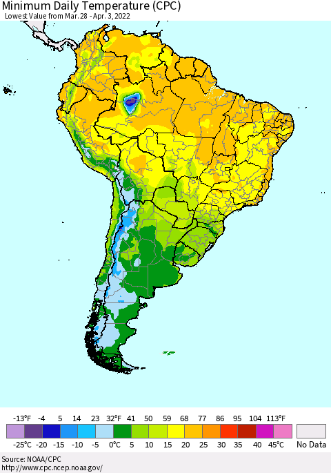 South America Minimum Daily Temperature (CPC) Thematic Map For 3/28/2022 - 4/3/2022