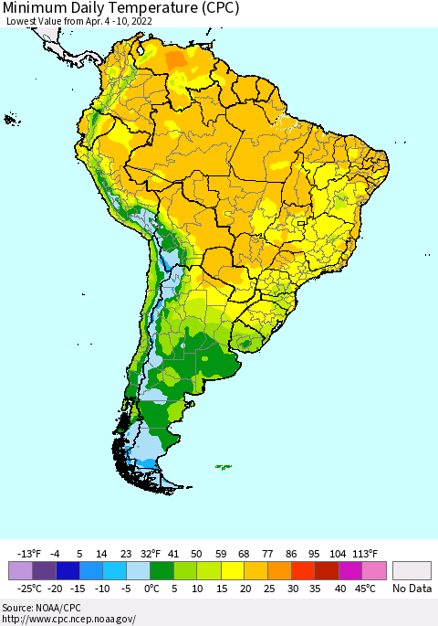 South America Minimum Daily Temperature (CPC) Thematic Map For 4/4/2022 - 4/10/2022
