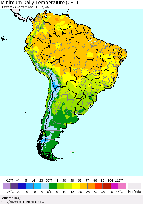 South America Minimum Daily Temperature (CPC) Thematic Map For 4/11/2022 - 4/17/2022