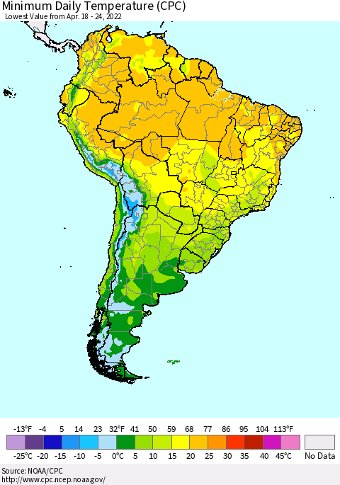 South America Minimum Daily Temperature (CPC) Thematic Map For 4/18/2022 - 4/24/2022
