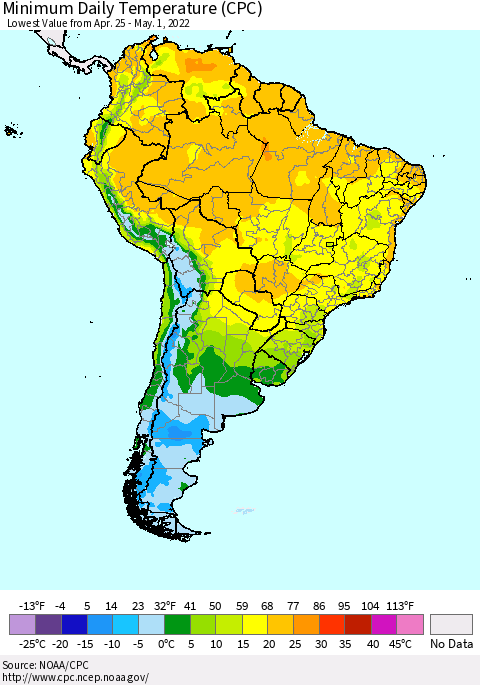 South America Minimum Daily Temperature (CPC) Thematic Map For 4/25/2022 - 5/1/2022