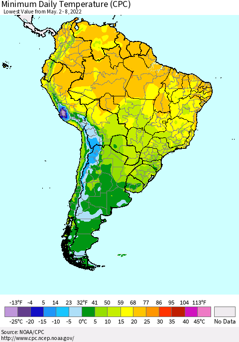 South America Minimum Daily Temperature (CPC) Thematic Map For 5/2/2022 - 5/8/2022