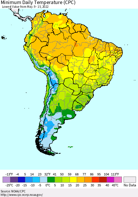 South America Minimum Daily Temperature (CPC) Thematic Map For 5/9/2022 - 5/15/2022