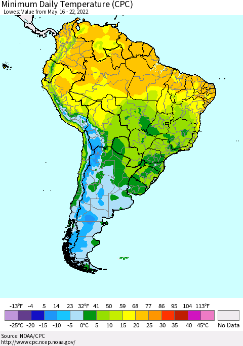 South America Minimum Daily Temperature (CPC) Thematic Map For 5/16/2022 - 5/22/2022