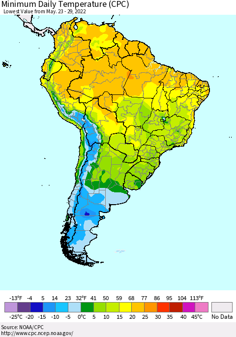 South America Minimum Daily Temperature (CPC) Thematic Map For 5/23/2022 - 5/29/2022