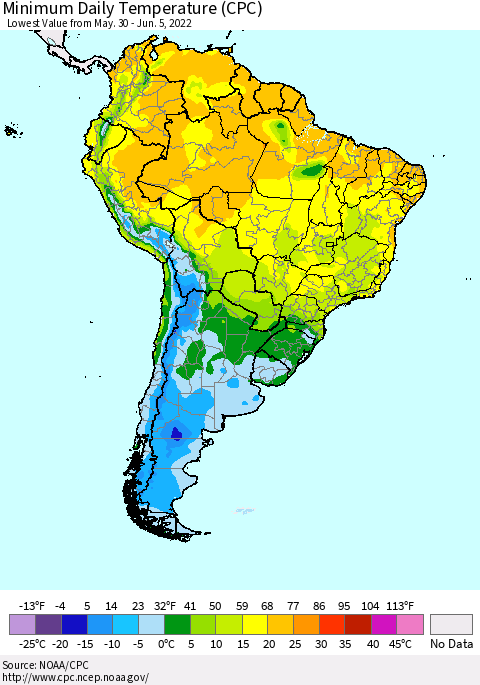 South America Minimum Daily Temperature (CPC) Thematic Map For 5/30/2022 - 6/5/2022