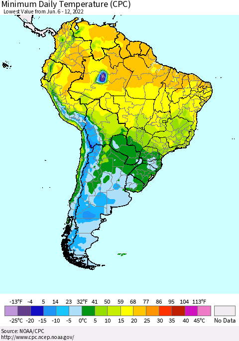 South America Minimum Daily Temperature (CPC) Thematic Map For 6/6/2022 - 6/12/2022