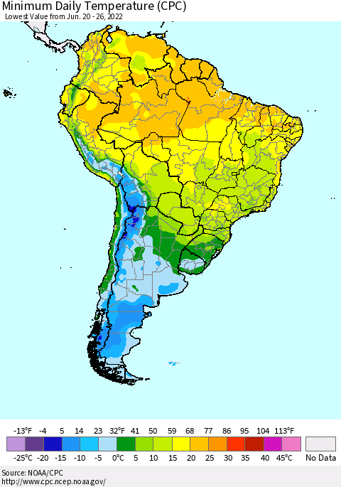 South America Minimum Daily Temperature (CPC) Thematic Map For 6/20/2022 - 6/26/2022
