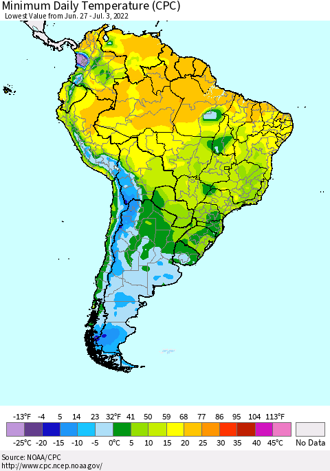 South America Minimum Daily Temperature (CPC) Thematic Map For 6/27/2022 - 7/3/2022