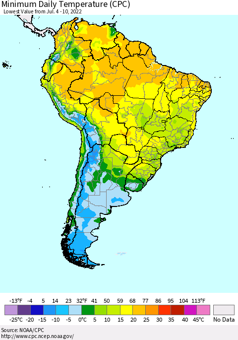 South America Minimum Daily Temperature (CPC) Thematic Map For 7/4/2022 - 7/10/2022