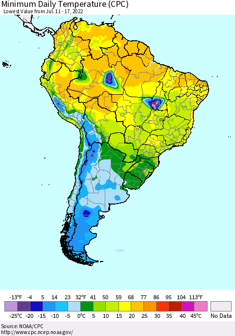 South America Minimum Daily Temperature (CPC) Thematic Map For 7/11/2022 - 7/17/2022