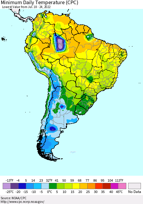 South America Minimum Daily Temperature (CPC) Thematic Map For 7/18/2022 - 7/24/2022