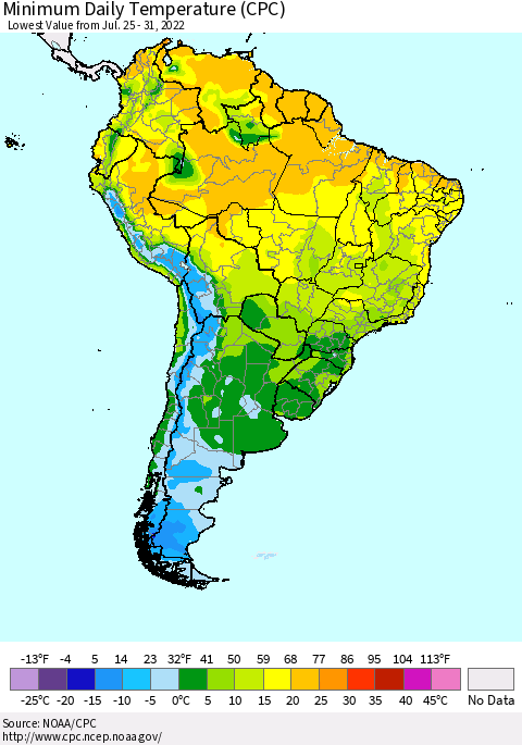 South America Minimum Daily Temperature (CPC) Thematic Map For 7/25/2022 - 7/31/2022