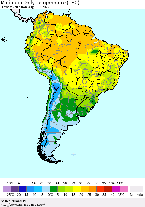 South America Minimum Daily Temperature (CPC) Thematic Map For 8/1/2022 - 8/7/2022