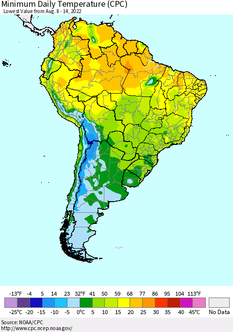 South America Minimum Daily Temperature (CPC) Thematic Map For 8/8/2022 - 8/14/2022