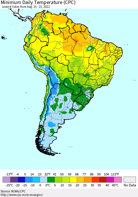 South America Minimum Daily Temperature (CPC) Thematic Map For 8/15/2022 - 8/21/2022
