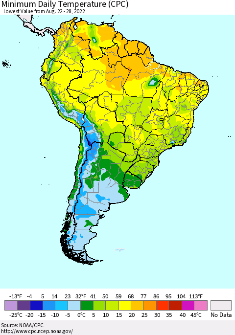 South America Minimum Daily Temperature (CPC) Thematic Map For 8/22/2022 - 8/28/2022