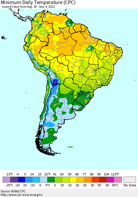 South America Minimum Daily Temperature (CPC) Thematic Map For 8/29/2022 - 9/4/2022