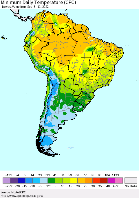 South America Minimum Daily Temperature (CPC) Thematic Map For 9/5/2022 - 9/11/2022