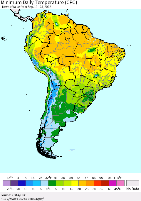 South America Minimum Daily Temperature (CPC) Thematic Map For 9/19/2022 - 9/25/2022