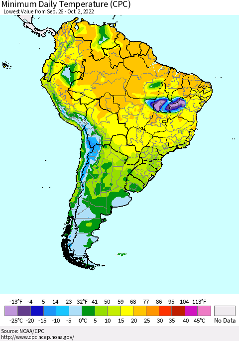 South America Minimum Daily Temperature (CPC) Thematic Map For 9/26/2022 - 10/2/2022