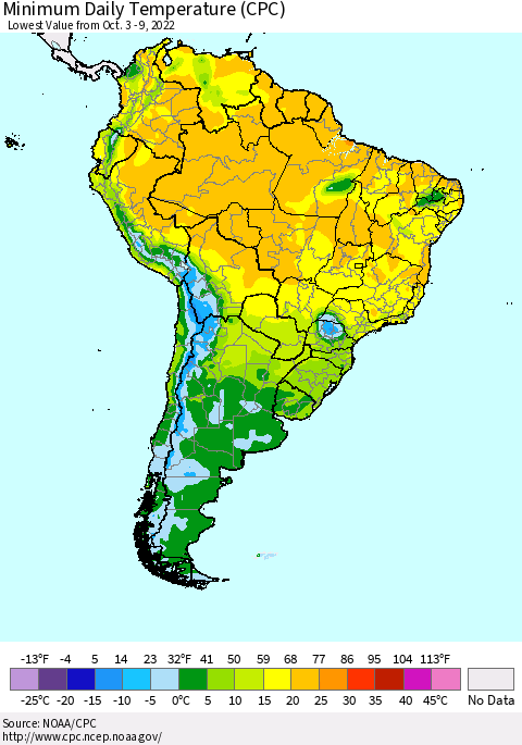 South America Minimum Daily Temperature (CPC) Thematic Map For 10/3/2022 - 10/9/2022