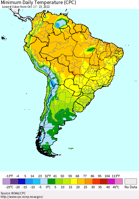 South America Minimum Daily Temperature (CPC) Thematic Map For 10/17/2022 - 10/23/2022