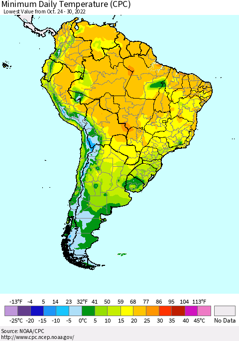 South America Minimum Daily Temperature (CPC) Thematic Map For 10/24/2022 - 10/30/2022