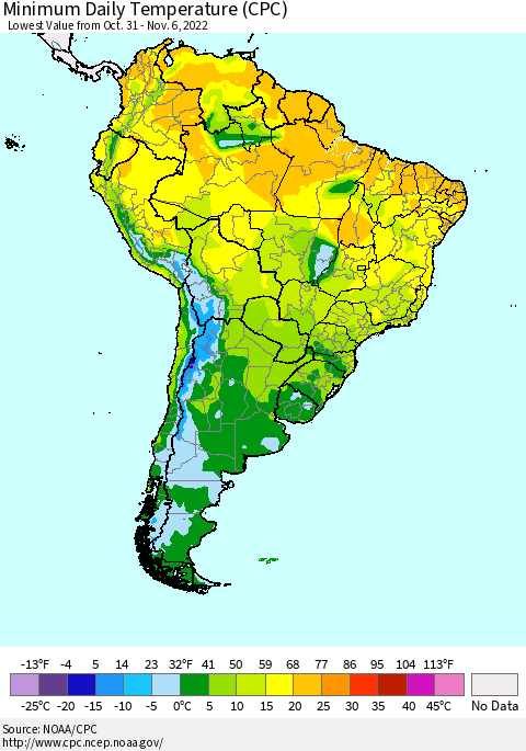 South America Minimum Daily Temperature (CPC) Thematic Map For 10/31/2022 - 11/6/2022