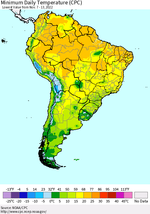 South America Minimum Daily Temperature (CPC) Thematic Map For 11/7/2022 - 11/13/2022