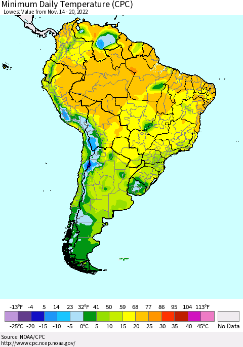 South America Minimum Daily Temperature (CPC) Thematic Map For 11/14/2022 - 11/20/2022