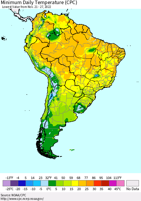 South America Minimum Daily Temperature (CPC) Thematic Map For 11/21/2022 - 11/27/2022