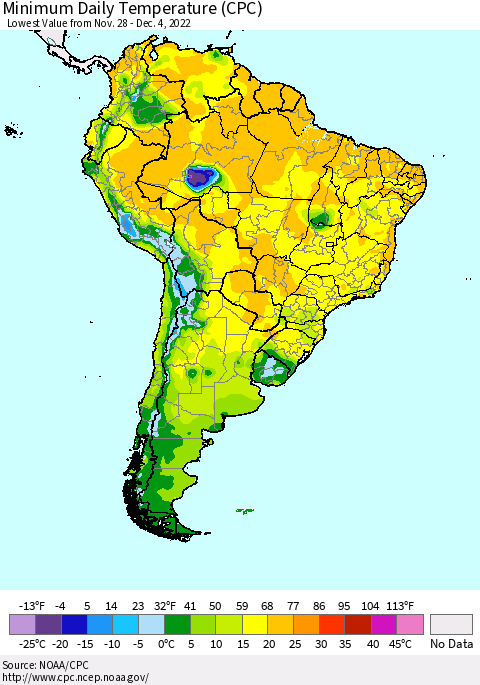 South America Minimum Daily Temperature (CPC) Thematic Map For 11/28/2022 - 12/4/2022