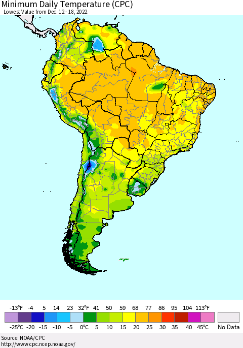 South America Minimum Daily Temperature (CPC) Thematic Map For 12/12/2022 - 12/18/2022
